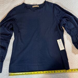Garbe Luxe 100% Cotton Long Sleeve Navy Tee w/fringe detail on front arms -Large